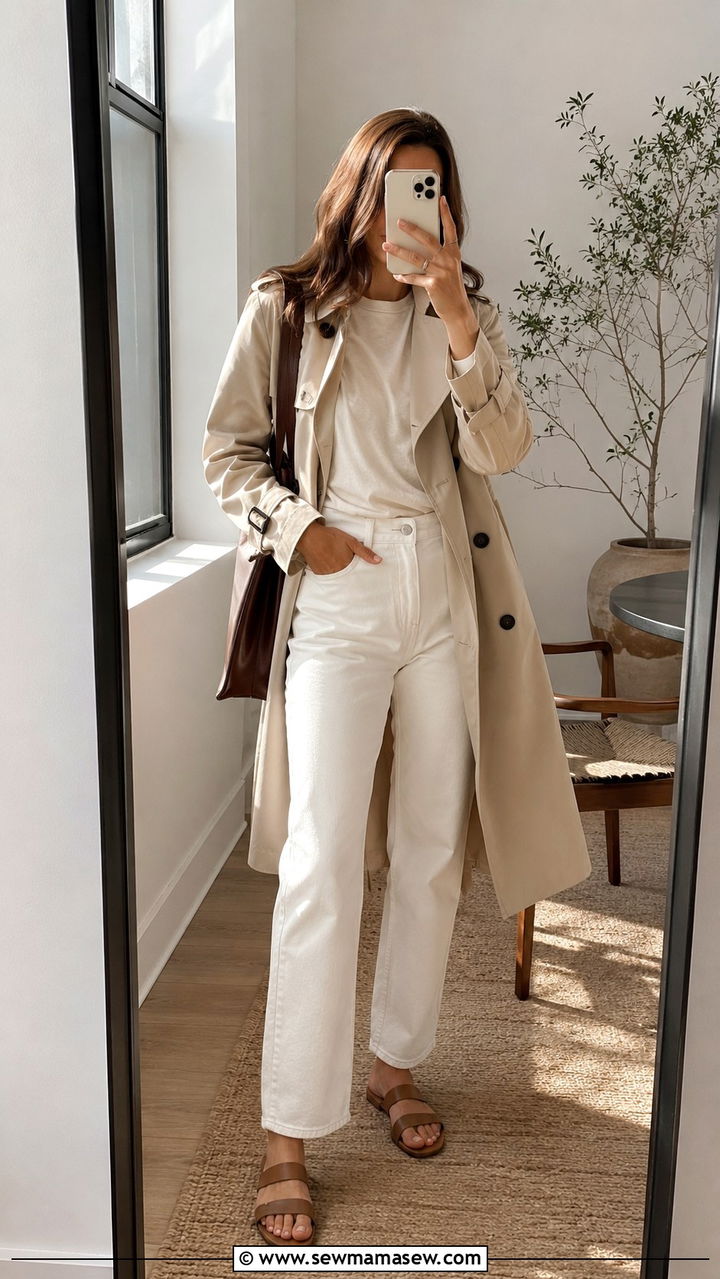 Beige Trench Coat with White Jeans and Sandals - 30 How to style a trench coat in summer