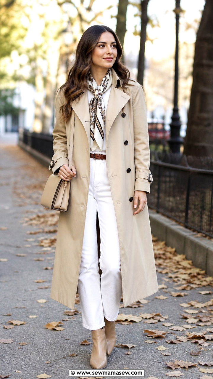 Beige Trench Coat with White Jeans and a Silk Scarf - 40 Parisian outfit ideas