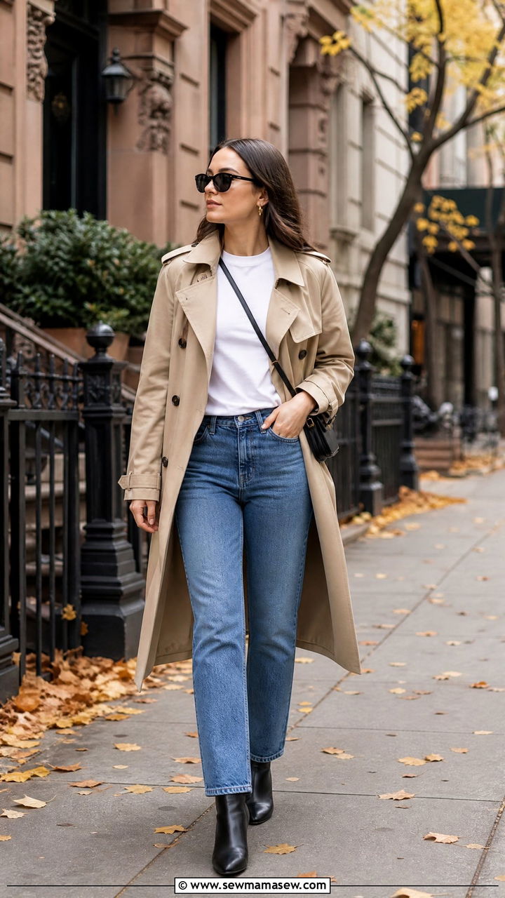 Beige Trench Coat with White Tee Blue Jeans and Ankle Boots - 25 classy clean girl outfits