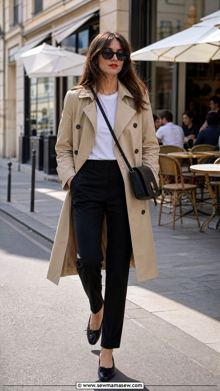 Beige Trench Coat with White Tee and Black Trousers - 30 French girl outfit ideas minimalist