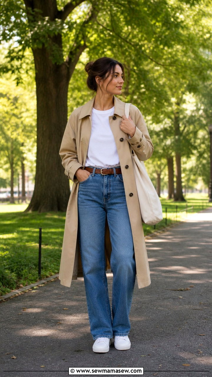 Beige Trench Coat with White Tee and Blue Jeans - 40 clean girl outfits
