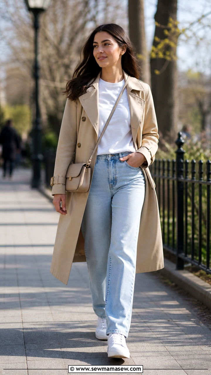 Beige Trench Coat with White Tee and Jeans - 40 Clean girl outfit ideas