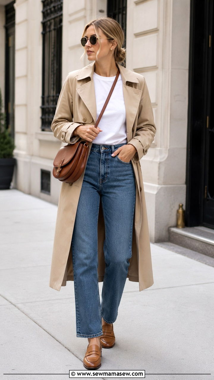 Beige Trench Coat with White Tee and Straight Leg Jeans - 30 old money outfits inspo