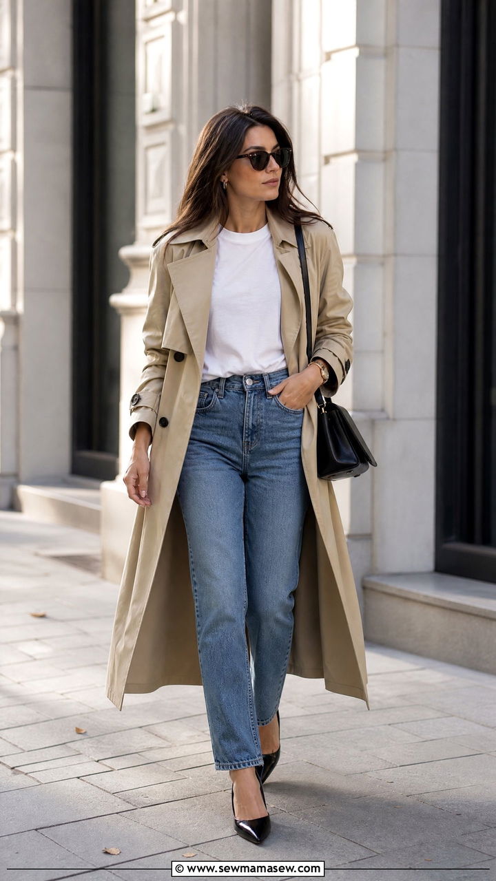 Beige Trench Coat with White Tee and Straight Leg Jeans - 30 classy aesthetic outfits