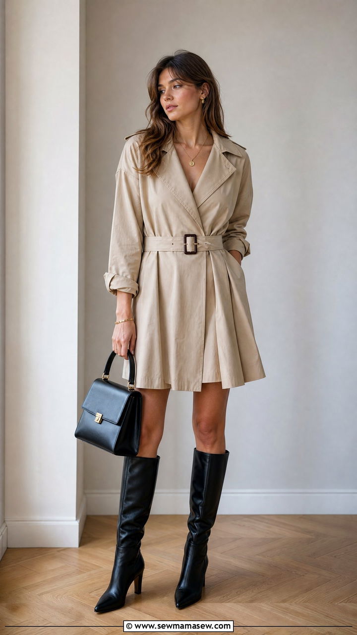 Beige Trench Dress and Knee High Boots - 30 french girl capsule wardrobe outfits
