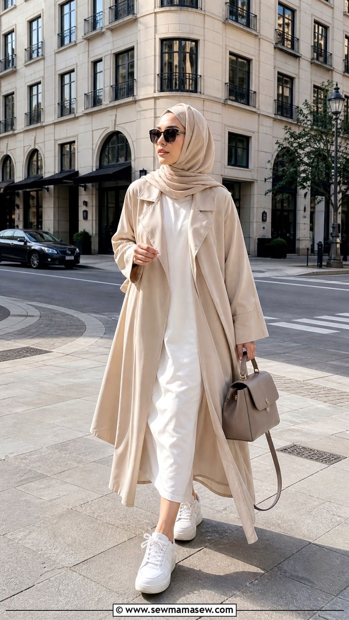 Beige Trench Style Open Abaya With Sneakers - 40 Eid outfit ideas for women