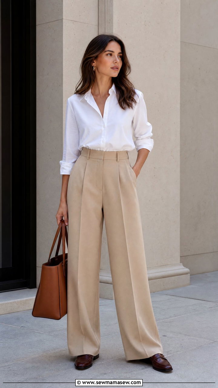 Beige Trousers With White Button Down And Leather Loafers - 35 How to style trousers