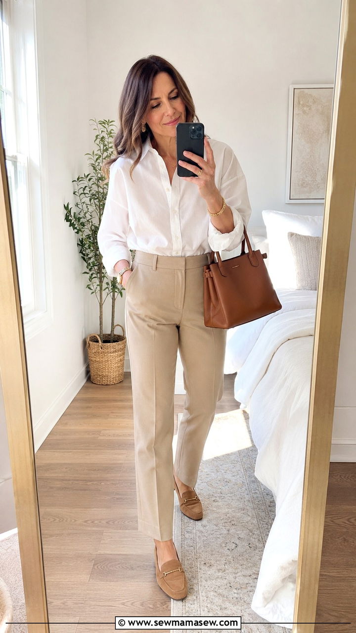 Beige Trousers With White Button Down - 25 trousers outfits for women over 40