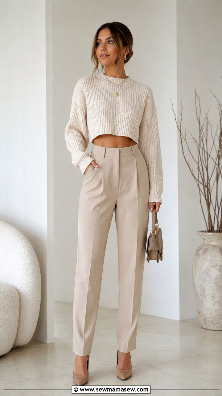 Beige Trousers with Cropped Sweater - 30 chic trousers outfit ideas