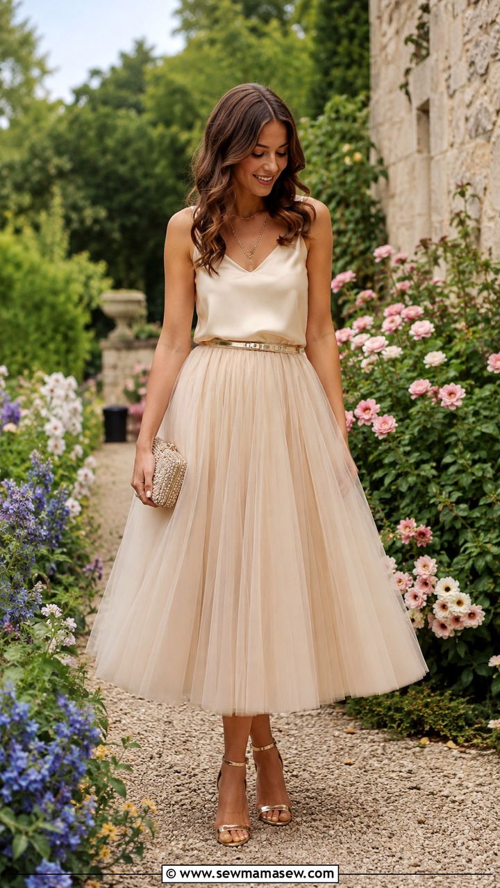 Beige Tulle Skirt With A Silk Tank And Heels - 25 Beige dress outfit ideas for wedding guest