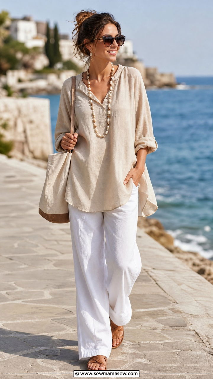 Beige Tunic Top with White Linen Pants - 30 Summer outfits in beige
