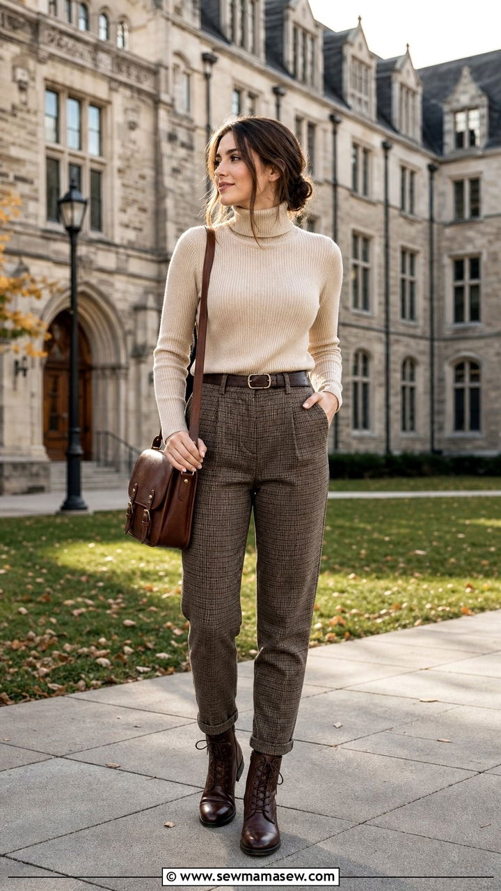 Beige Turtleneck With Plaid Trousers And Loafers - 25 dark academia outfits aesthetic