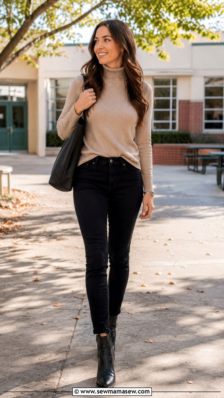 Beige Turtleneck and Black Skinny Jeans - 30 cute teacher outfits