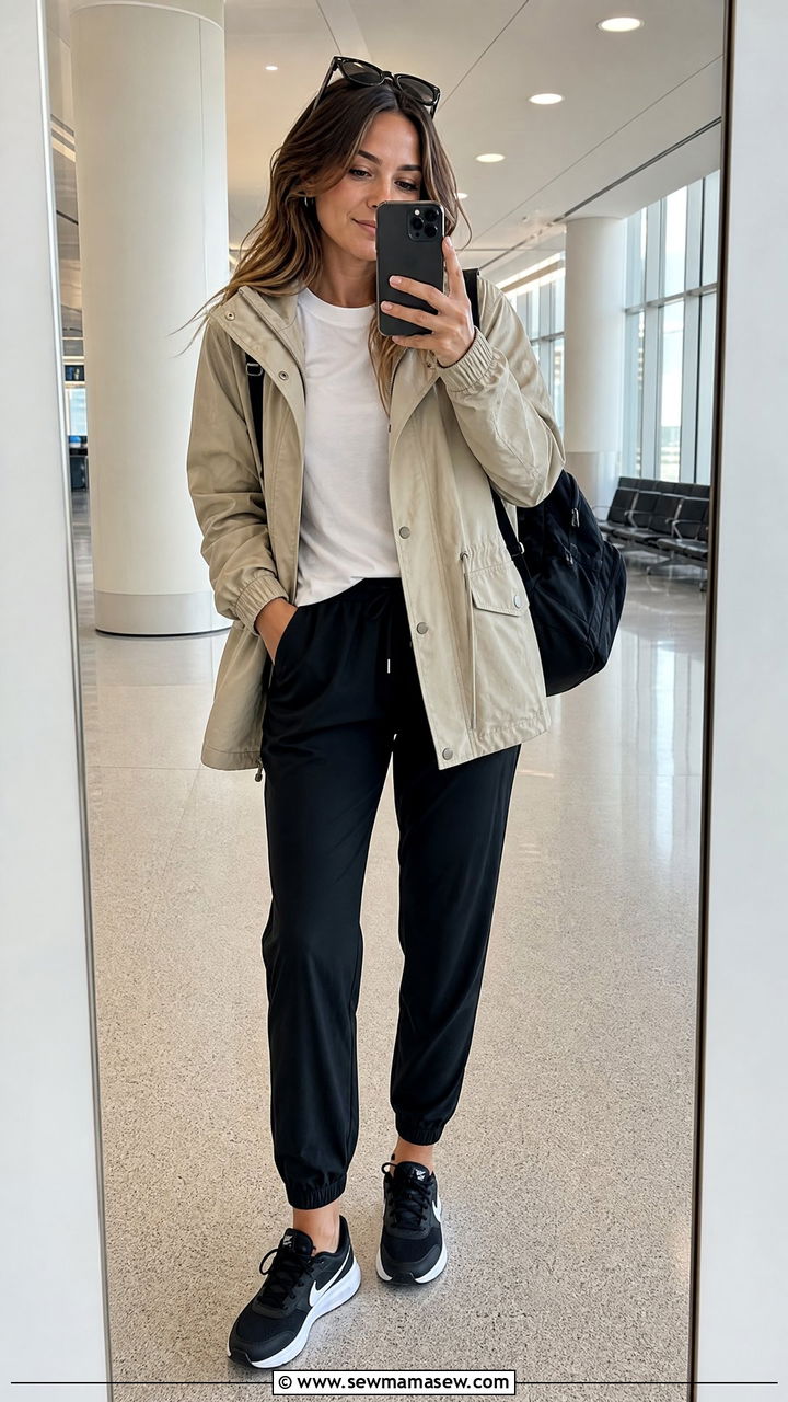 Beige Utility Jacket With Black Joggers Outfit - 30 Summer outfits with utility jacket