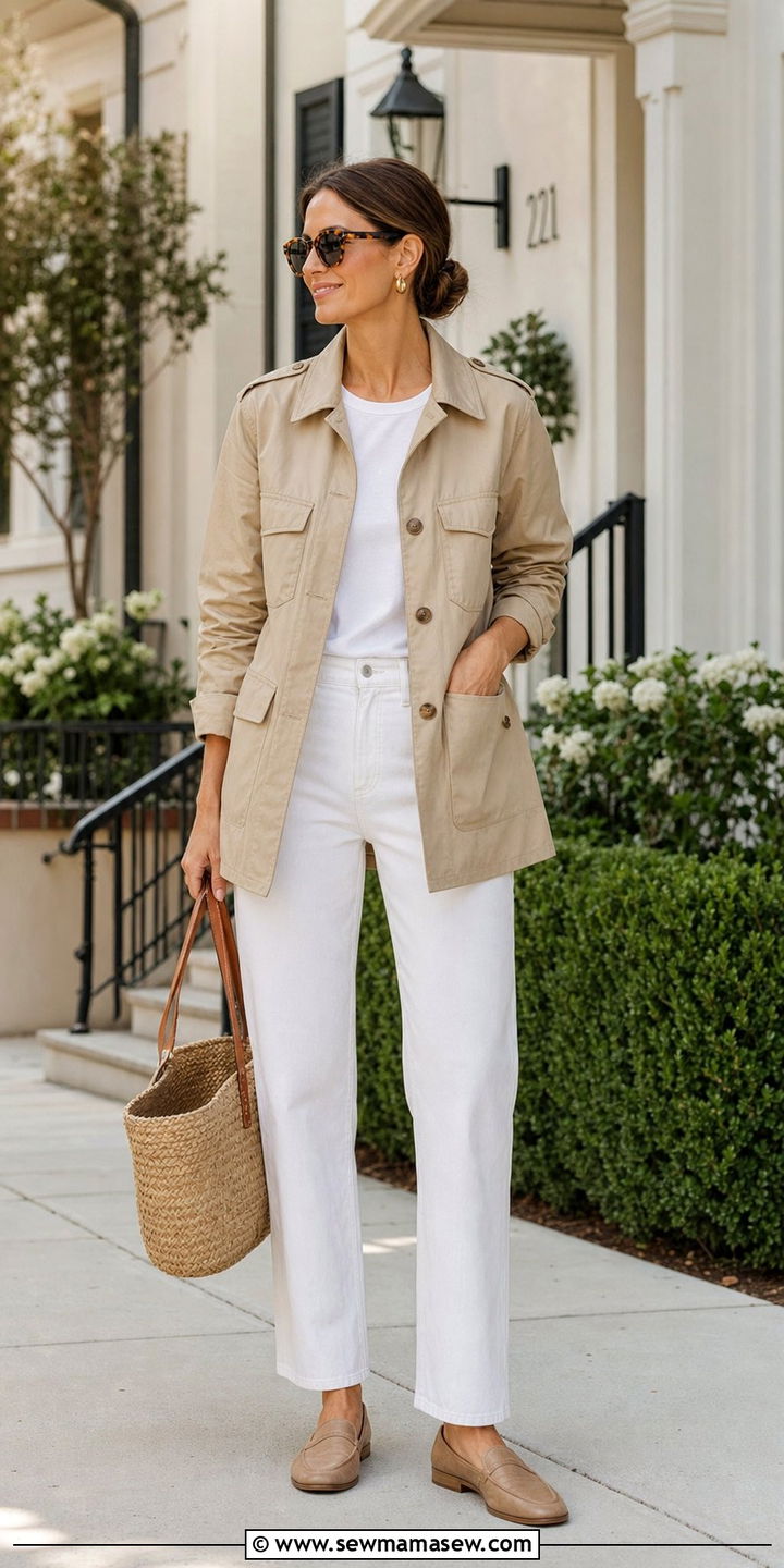 Beige Utility Jacket With White Denim And Loafer Flats - 25 spring coastal grandmother outfit ideas