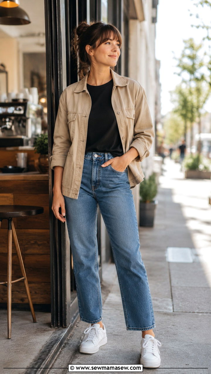 Beige Utility Jacket with Black Top and Blue Jeans - 30 Spring outfit ideas for barista