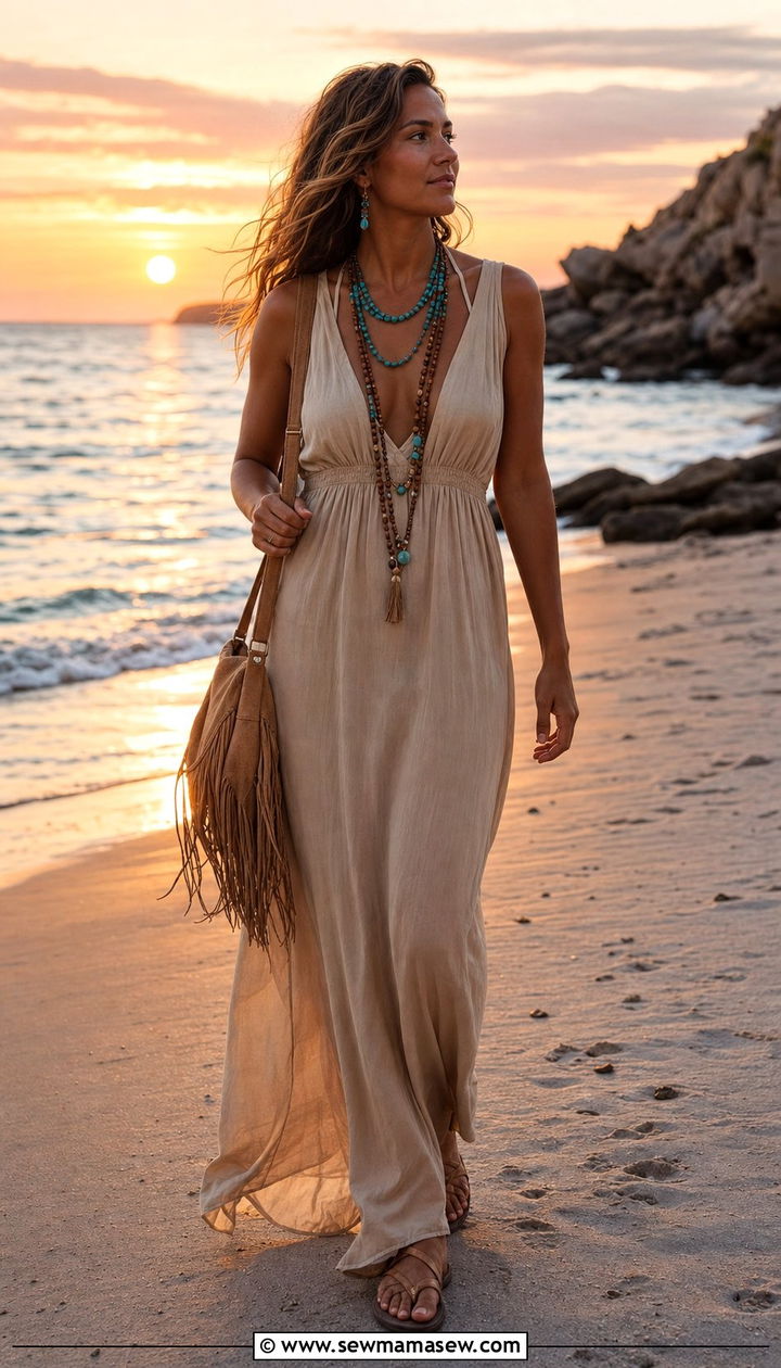 Beige V Neck Maxi Dress with Layered Beaded Necklaces - 35 Beige dress outfit ideas summer 2026