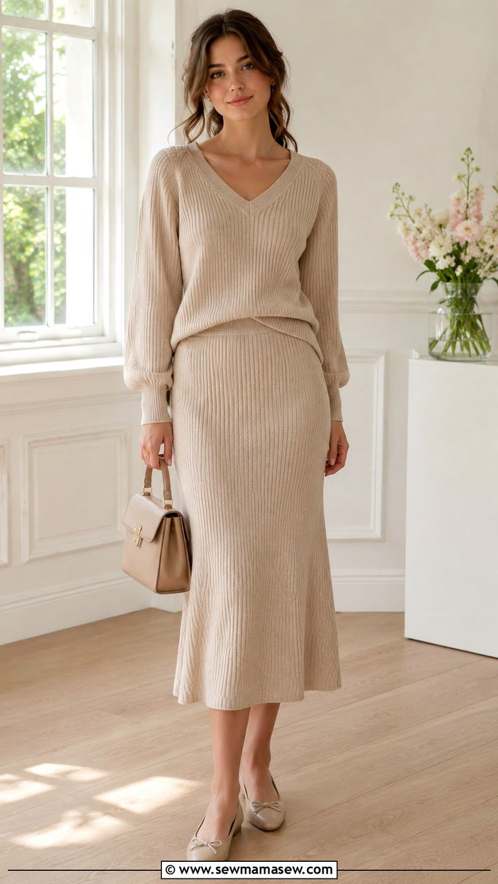 Beige V Neck Sweater and Matching Midi Skirt Set - 25 Beige loungewear set outfit ideas