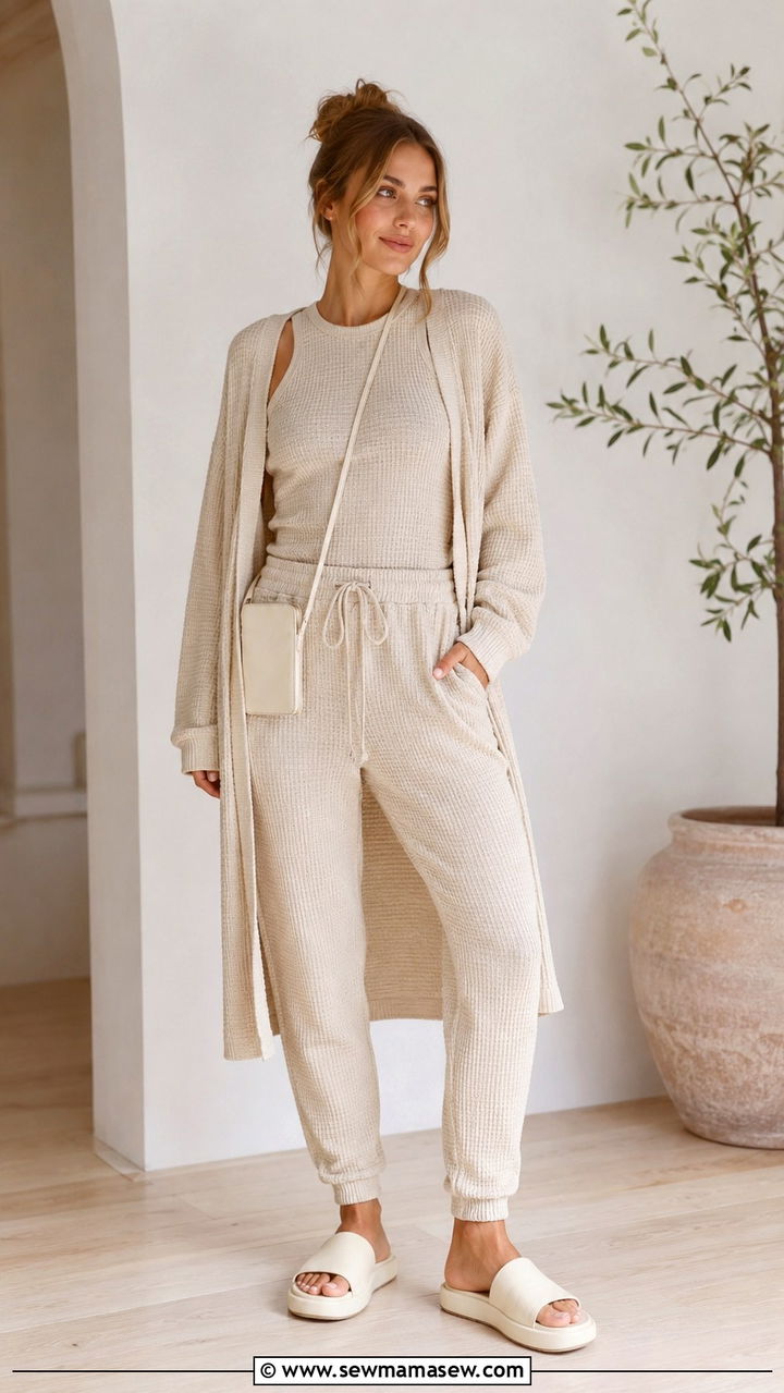 Beige Waffle Knit Three Piece Lounge Set - 25 Beige loungewear set outfit ideas