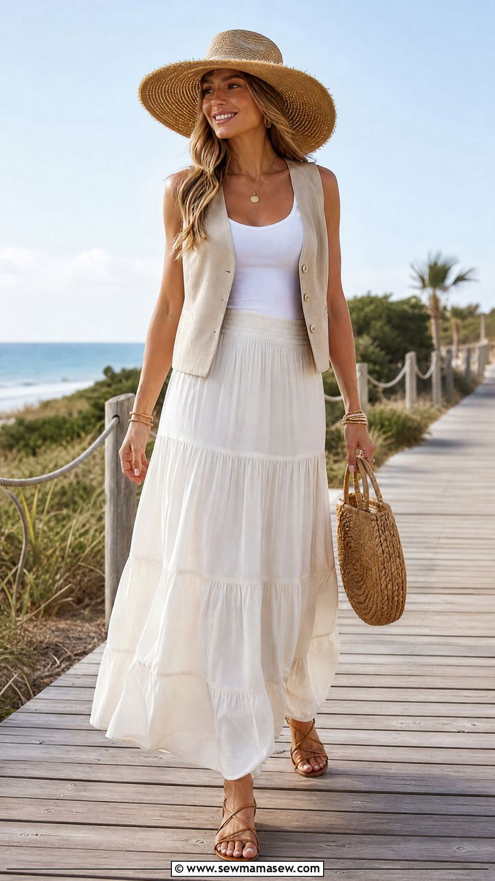 Beige Waistcoat With Maxi Skirt - 25 casual waistcoat vest outfits