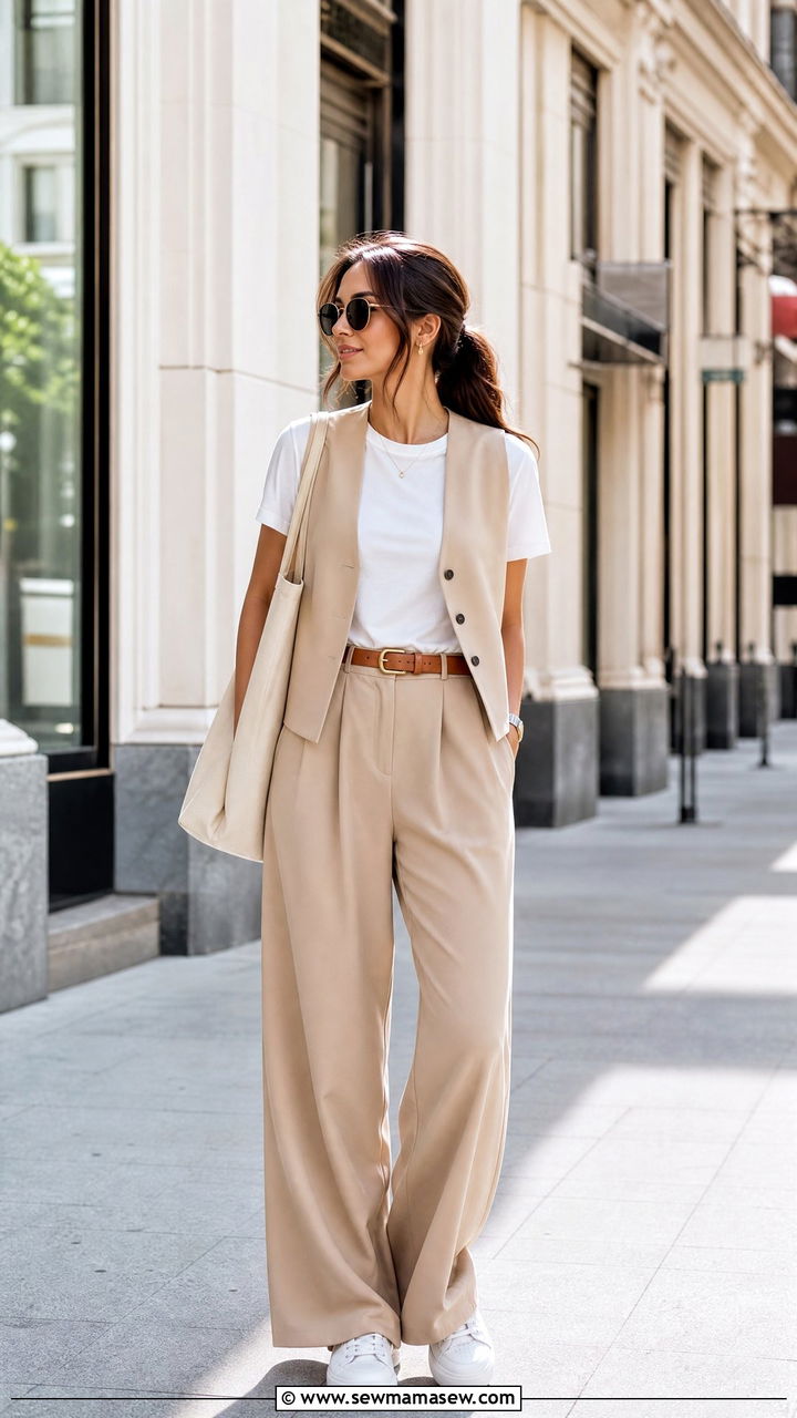 Beige Waistcoat with Wide Leg Trousers and a White Tee - 30 Spring outfits in neutral