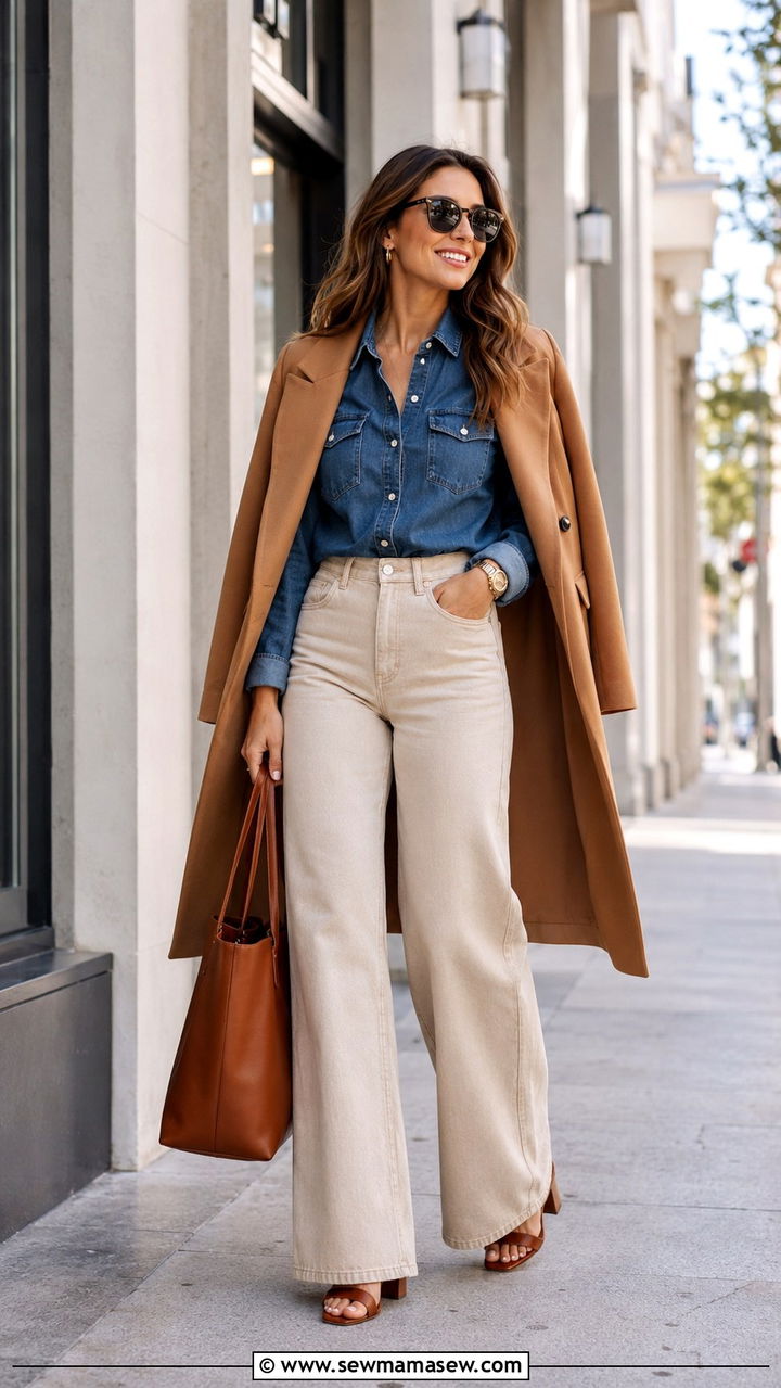 Beige Wide Leg Jeans with Denim Top - 30 Business casual outfits pinterest