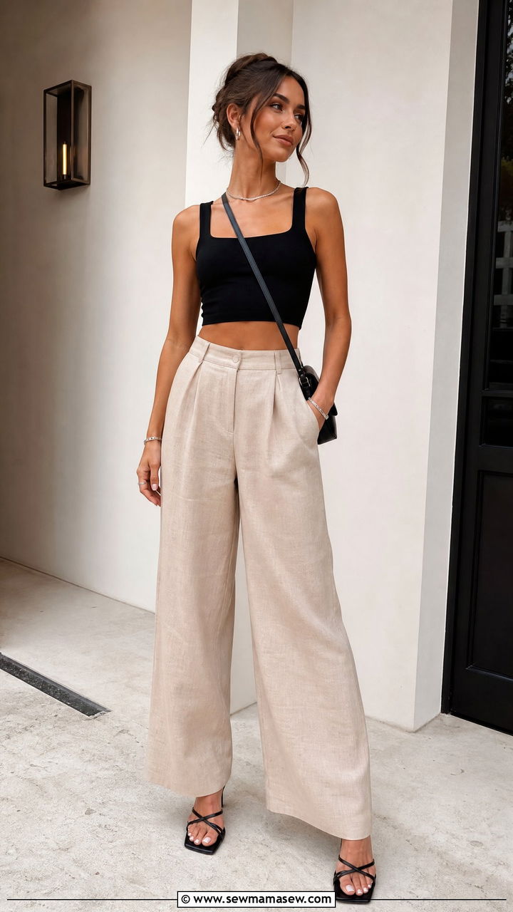 Beige Wide Leg Linen Pants With Black Crop Top - 25 Wide leg linen pants outfit ideas with a crop top