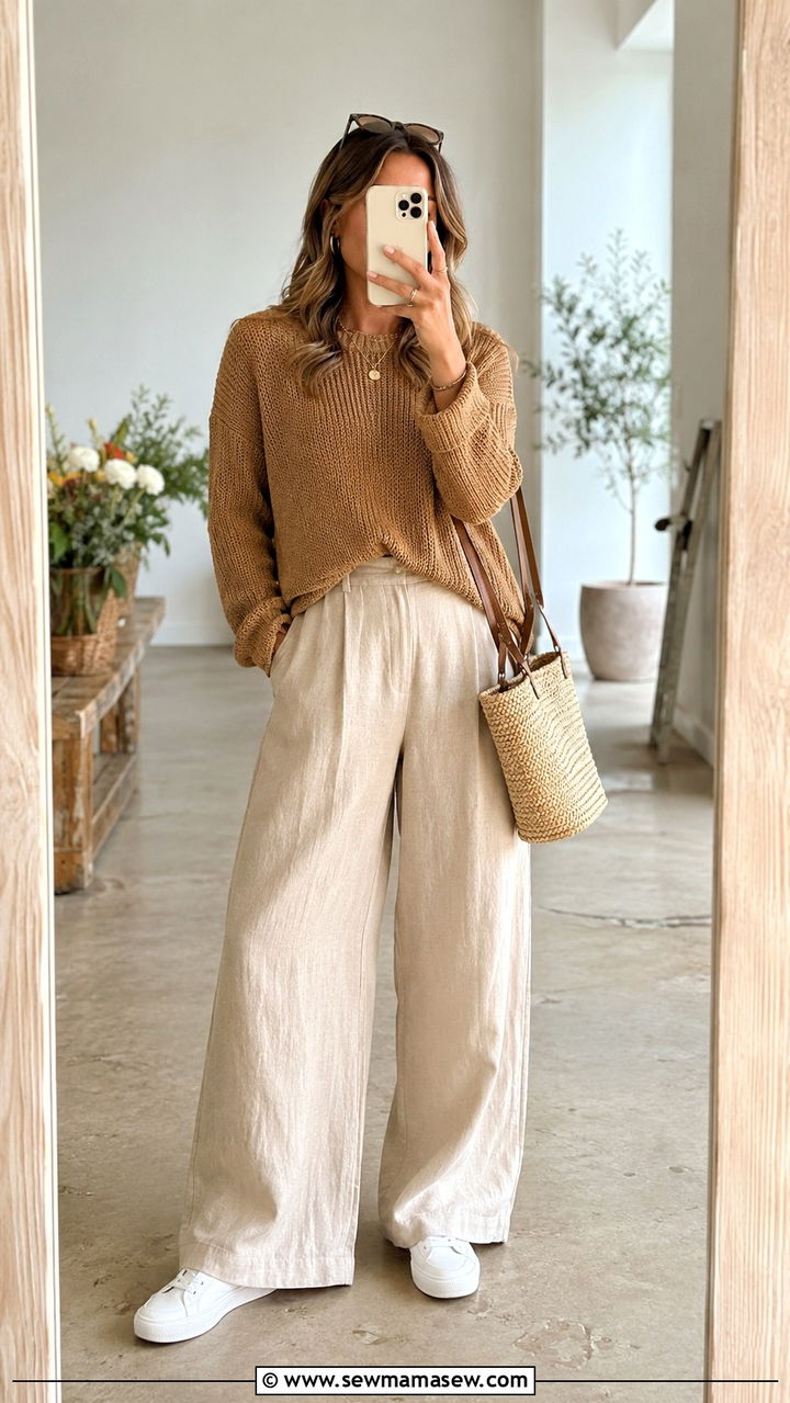Beige Wide Leg Linen Pants With Knit Sweater - 25 Wide leg linen pants outfit ideas with a sweater
