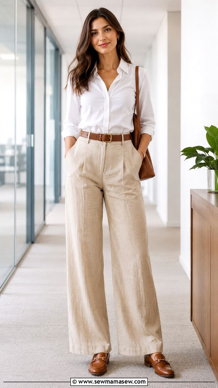 Beige Wide Leg Linen Pants With White Button Down and Loafers - 25 Wide leg linen pants outfit ideas for work