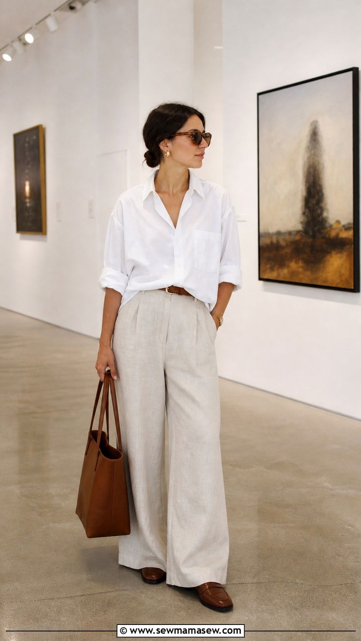 Beige Wide Leg Linen Pants with a White Poplin Shirt and Loafers - 40 linen pants outfit ideas for women