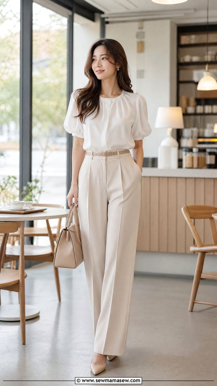 Beige Wide Leg Pants And White Blouse - 30 classy minimalist outfit ideas