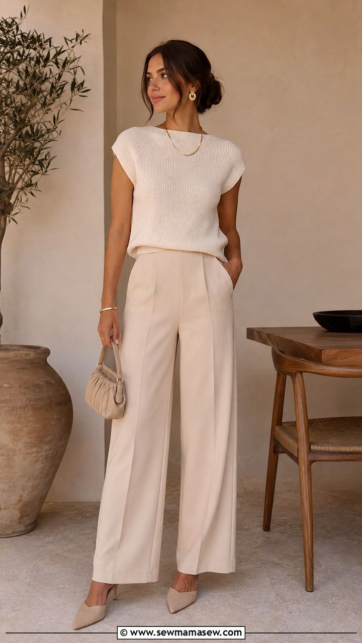 Beige Wide Leg Pants With A Knit Top - 30 Modest summer outfit ideas