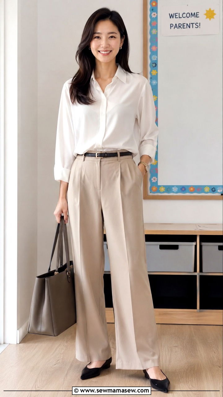 Beige Wide Leg Pants With White Blouse - 30 Kindergarten teacher outfit ideas