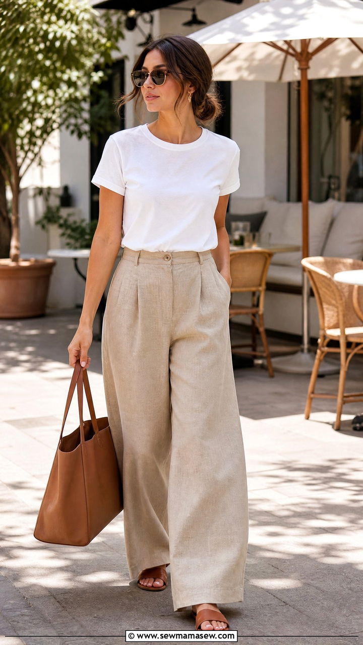 Beige Wide Leg Pants and Plain White Tee - 35 Minimalist summer outfits