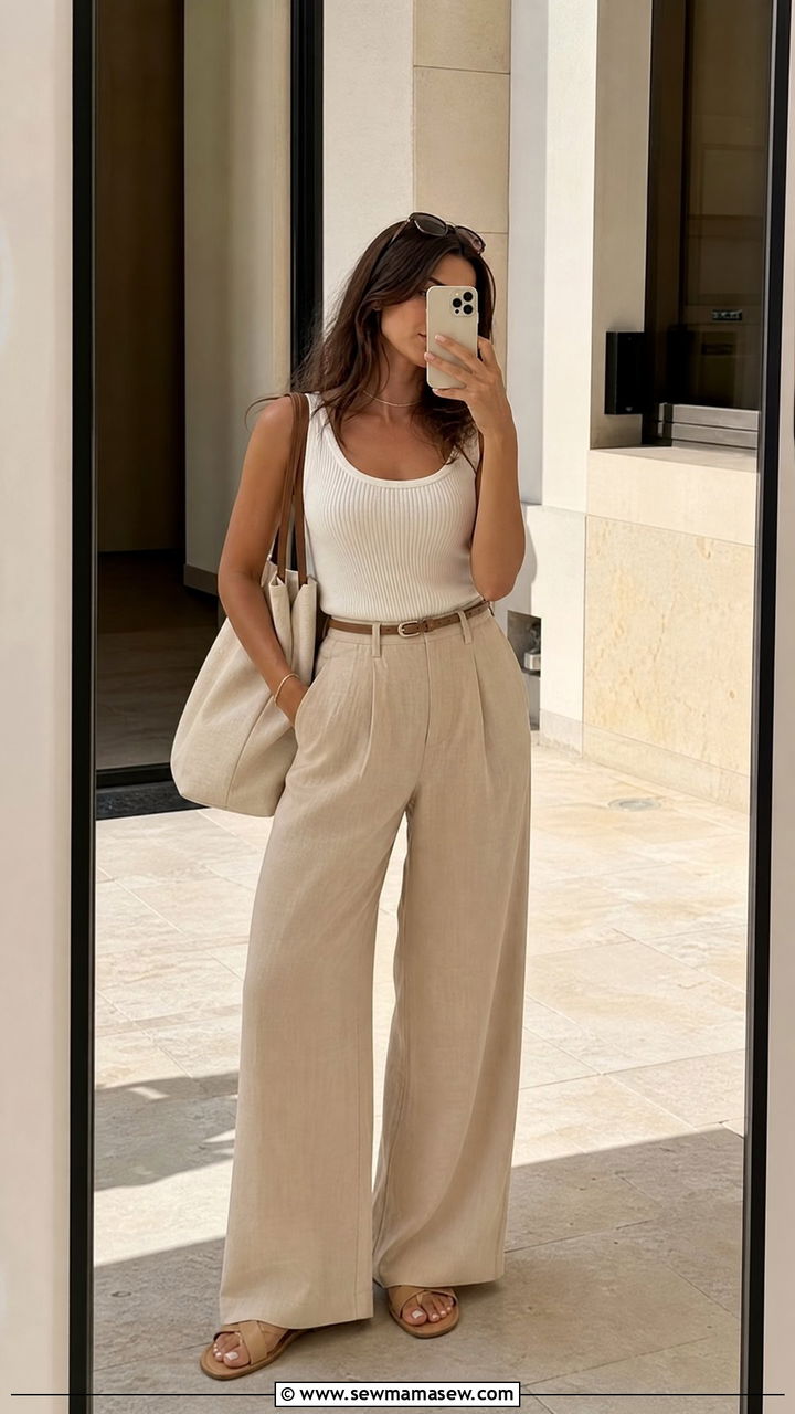 Beige Wide Leg Pants with White Ribbed Top - 30 Summer outfits in beige