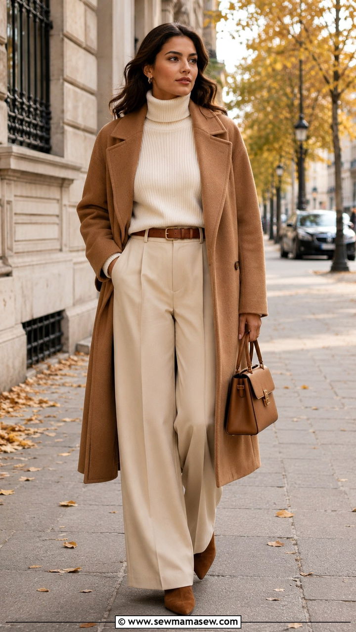Beige Wide Leg Trousers With Camel Coat - 30 Modest outfit ideas with wide leg pants