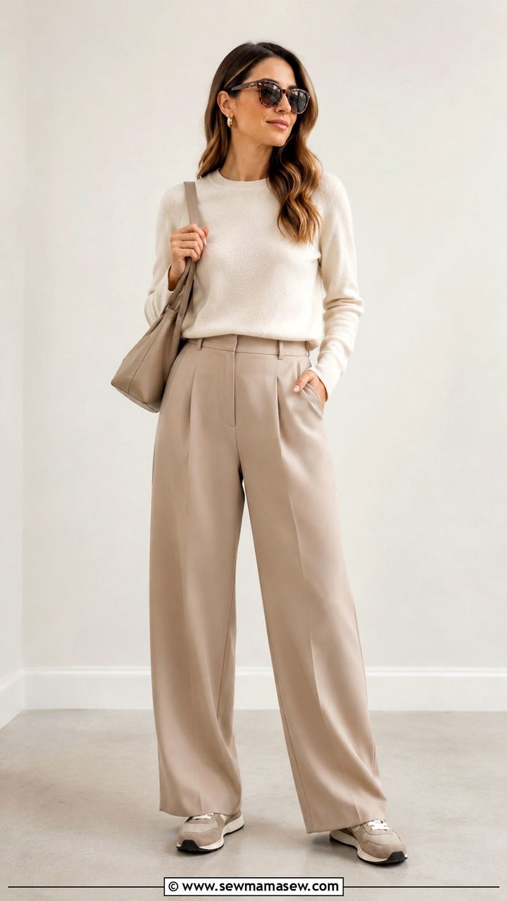 Beige Wide Leg Trousers With Neutral Sneakers - 25 Wide leg trousers outfit ideas with sneakers