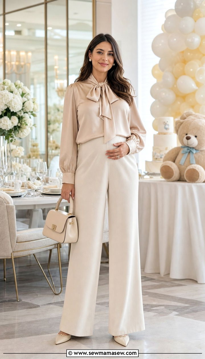 Beige Wide Leg Trousers and Silk Blouse Baby Shower Outfit - 35 Baby shower outfit ideas