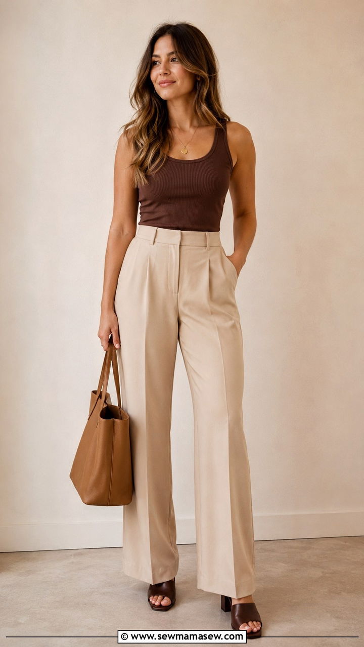 Beige Wide Leg Trousers with a Brown Knit Tank Top - 25 Wide leg trousers outfit ideas with a tank top