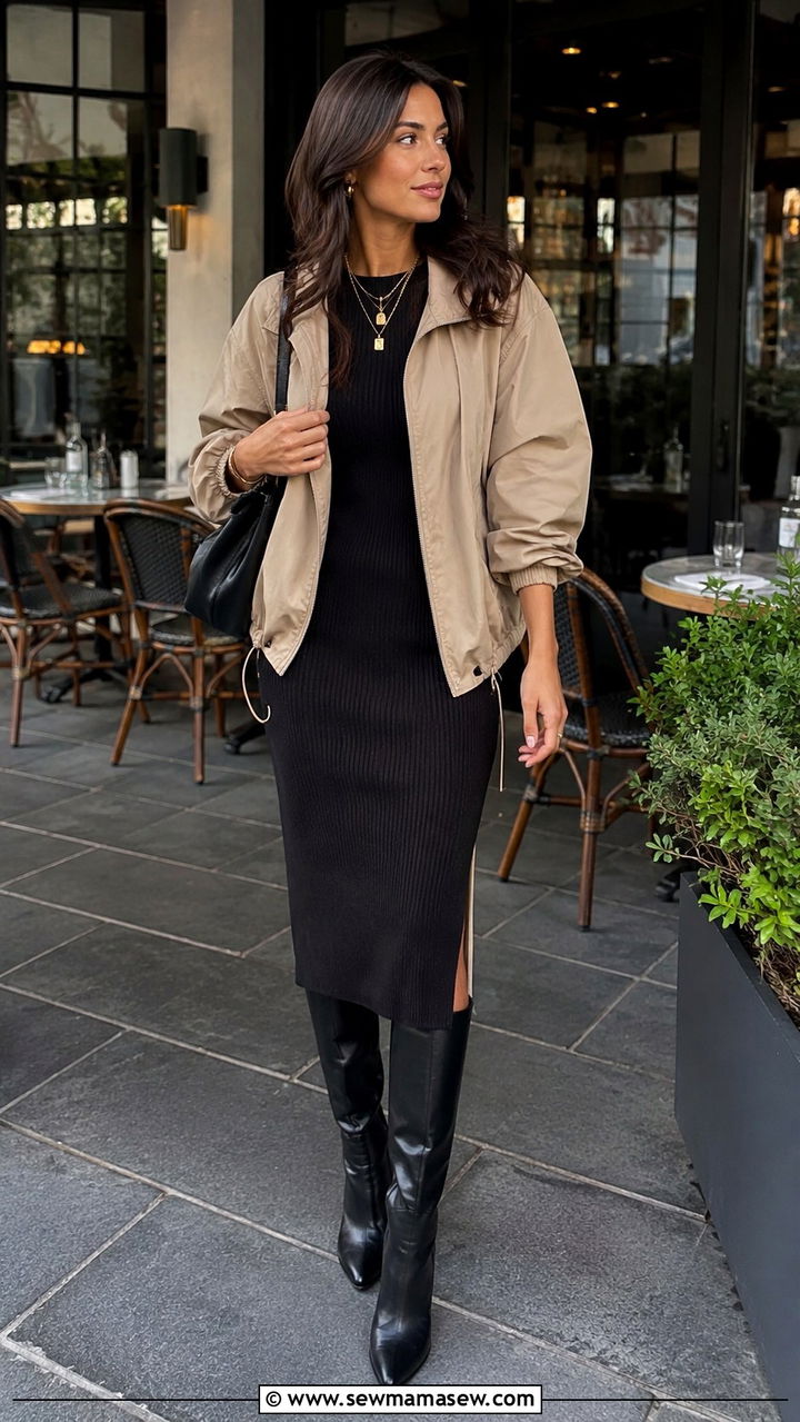 Beige Windbreaker Over A Black Midi Knit Dress With Knee High Boots - 30 casual windbreaker outfits
