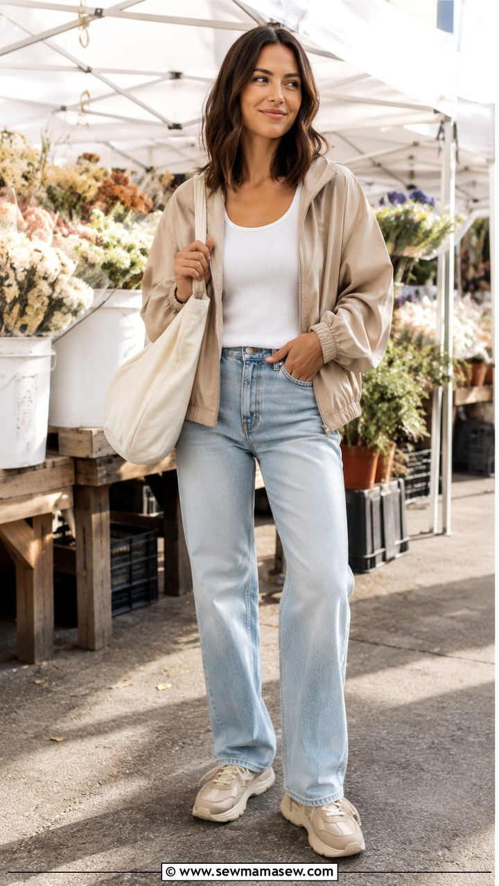 Beige Windbreaker With White Ribbed Tank And Jeans - 25 windbreaker outfits 2026