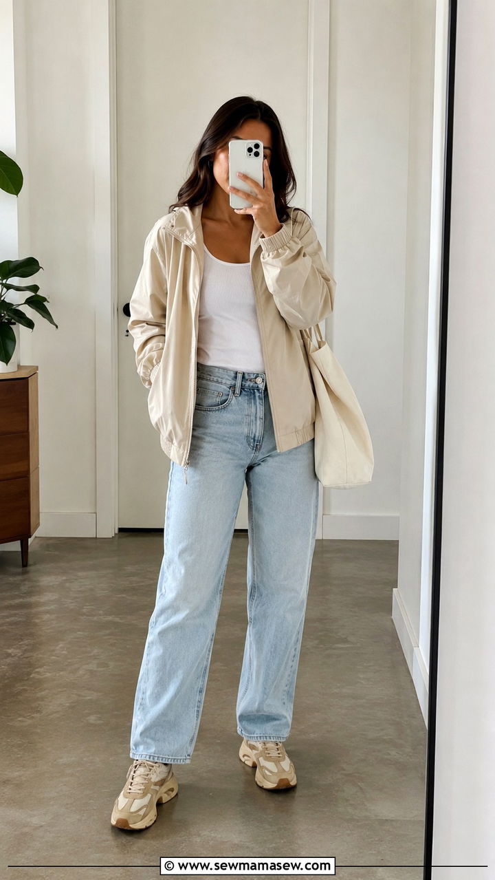 Beige Windbreaker With White Ribbed Tank And Light Wash Jeans - 30 casual windbreaker outfits