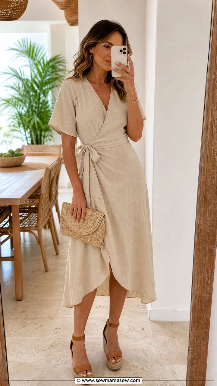 Beige Wrap Dress with Wedge Espadrilles - 30 Summer outfits in beige