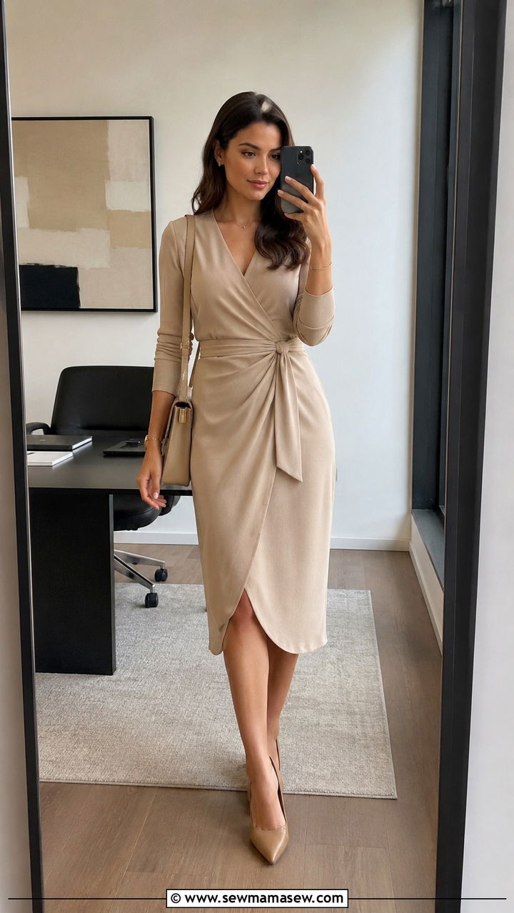 Beige Wrap Midi Dress With Tan Block Heels - 30 Midi dress for work outfit ideas