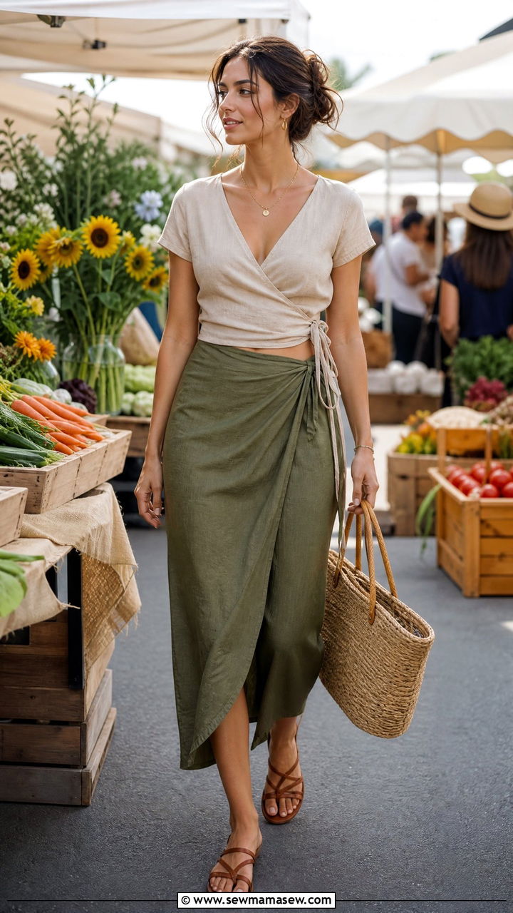 Beige Wrap Top with Olive Green Midi Skirt - 30 Summer outfits in beige