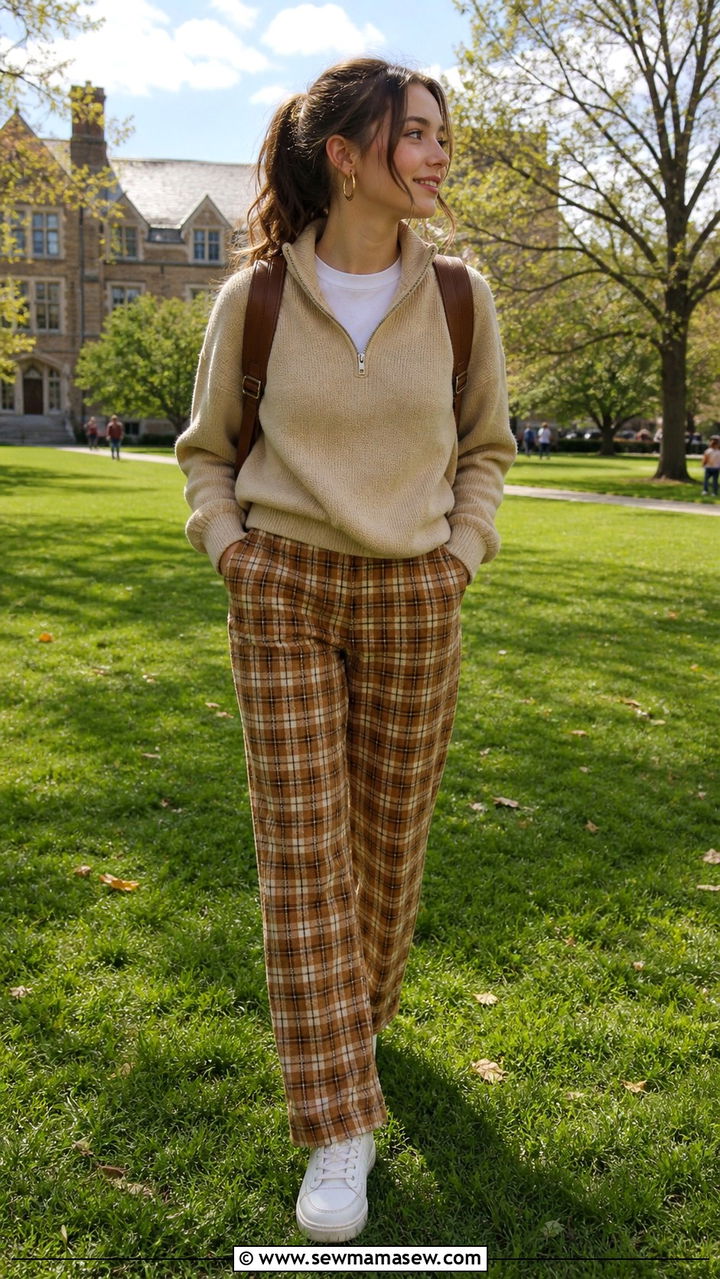 Beige Zip Sweater And Plaid Pants - 40 light academia outfits ideas