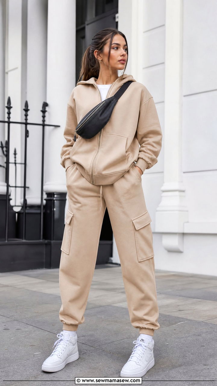 Beige Zip Up Hoodie and Cargo Joggers Set - 25 Beige loungewear set outfit ideas
