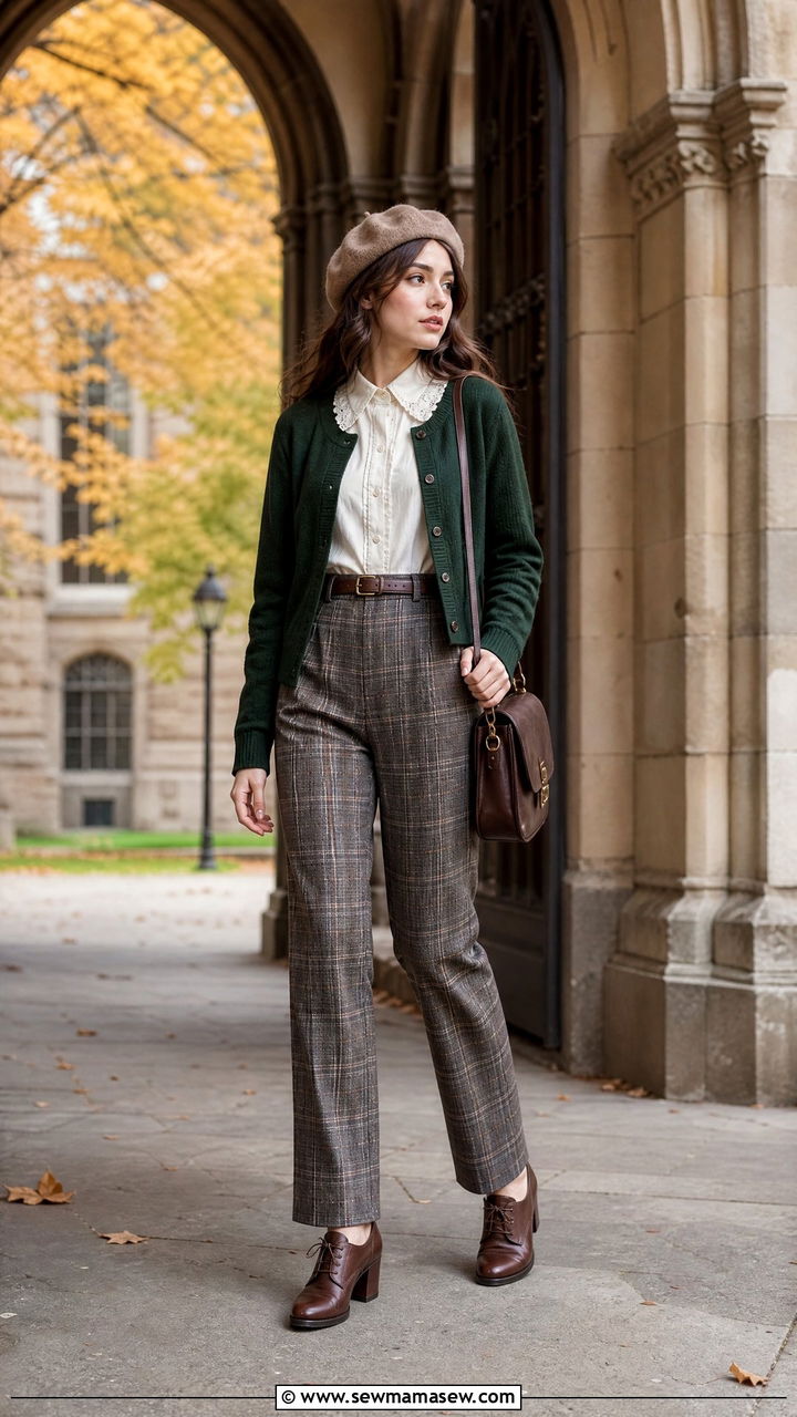 Beige beret with plaid trousers - 30 Dark academia school outfits