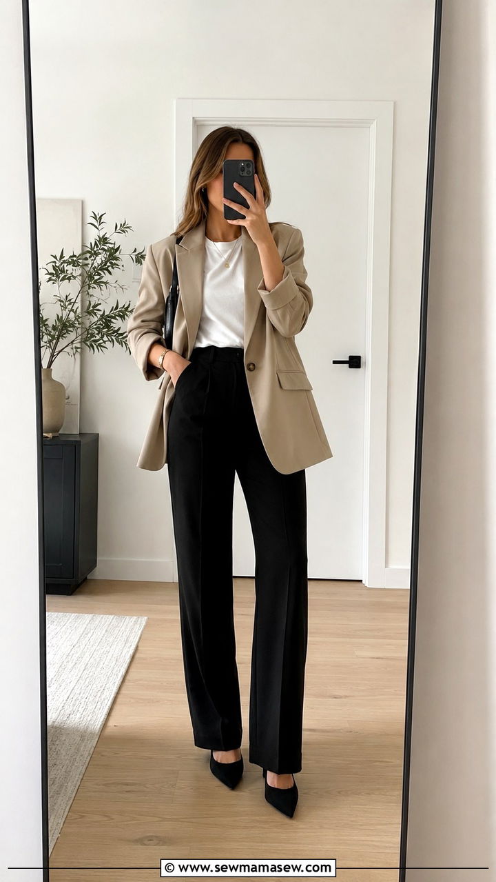 Beige blazer and black pants outfit - 30 Office outfits with blazer