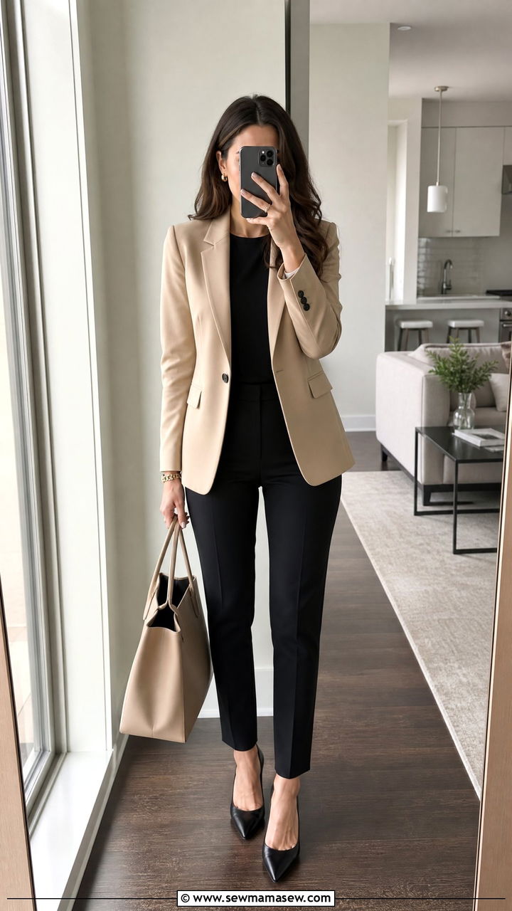 Beige blazer with black tailored trousers - 35 Job interview outfits for women
